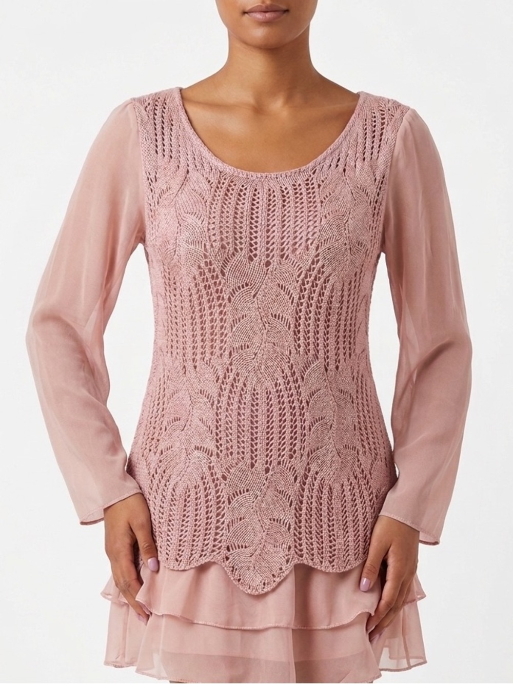 CLEO Crochet Lace Layered Tunic Blouse EXTREMELY SOFT LINING Adjustable Sleeves